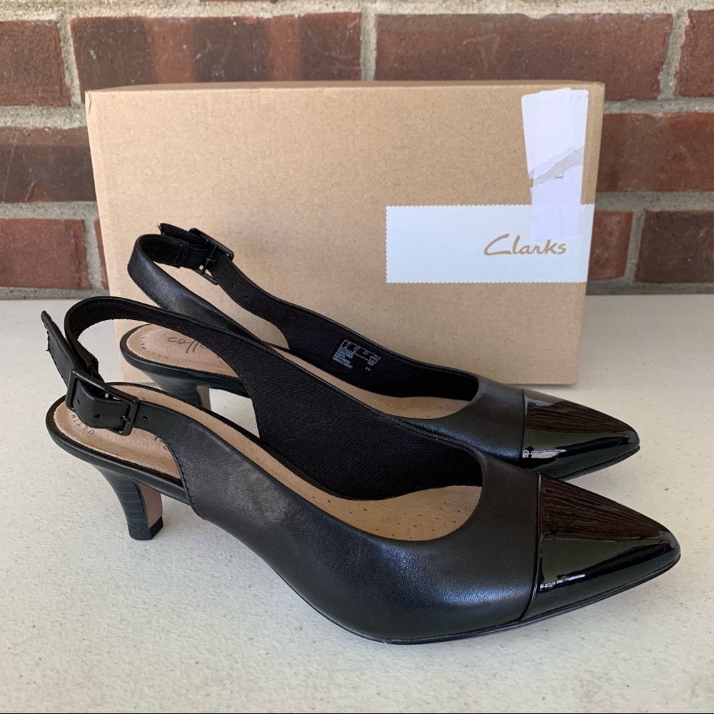 Collection by Clarks Linvale Emmy Black leather Cap-toe Mid Heel Slingback Pumps